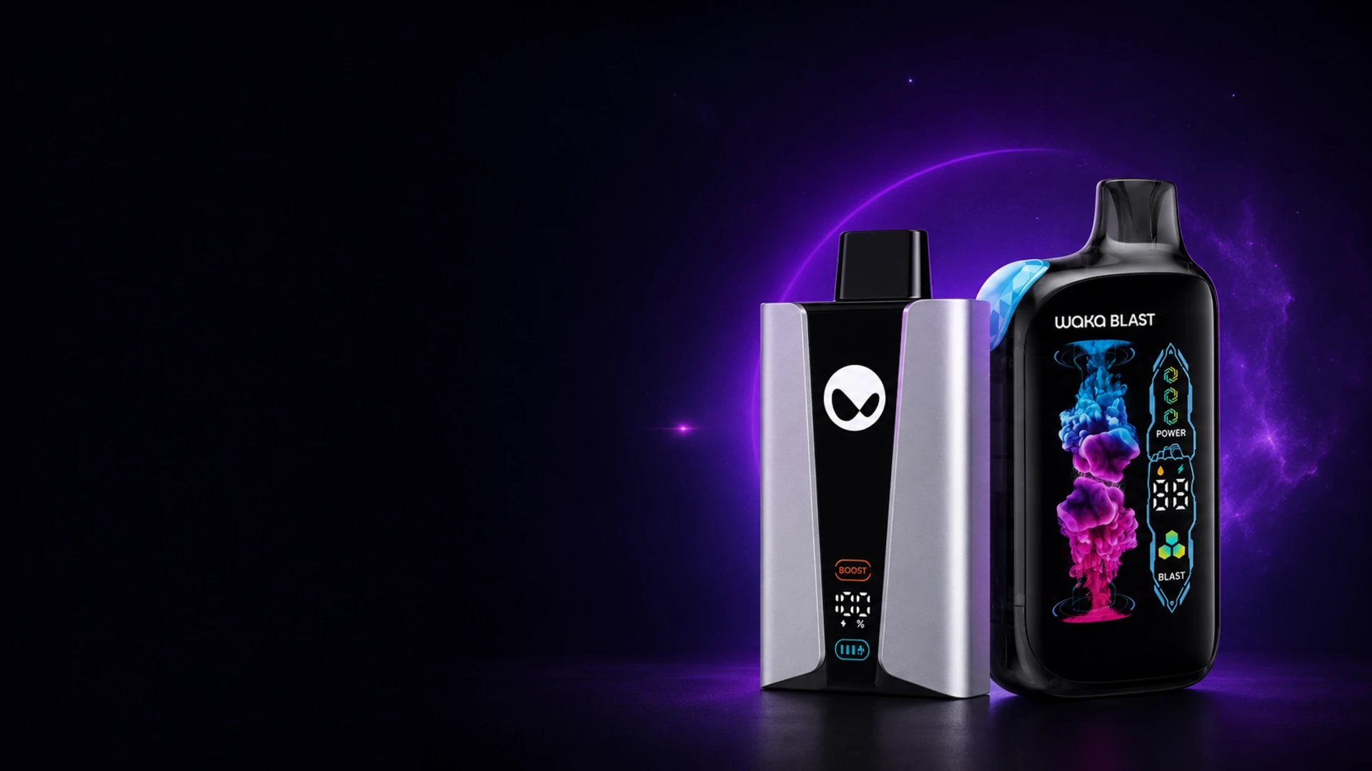 Dos dispositivos WAKA, Burst y Titan, sobre una atmósfera violeta